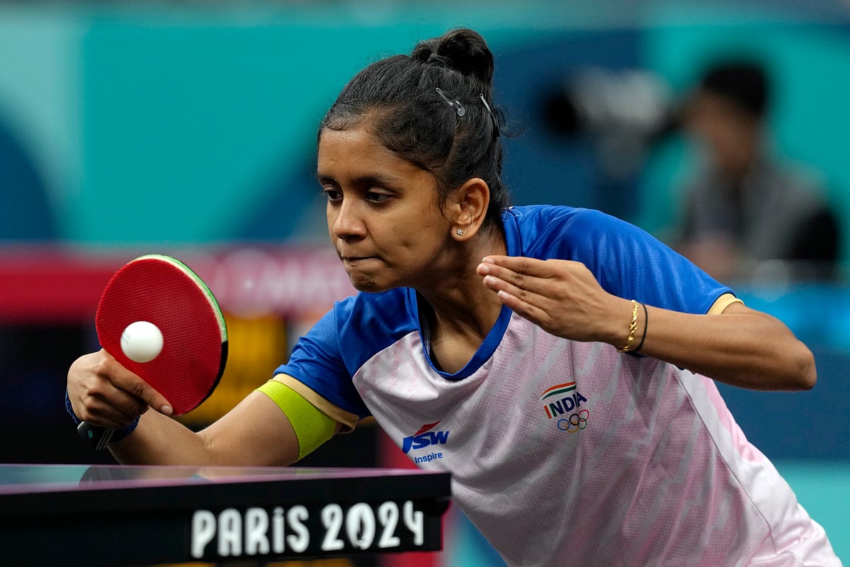  (AP Photo/Petros Giannakouris) : India's Sreeja Akula plays against Sweden's Christina Kallberg during a women's singles round of 64 table tennis game at the 2024 Summer Olympics, Sunday, July 28, 2024, in Paris, France.